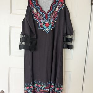 Embroidered Black Dress with Colorful Accents